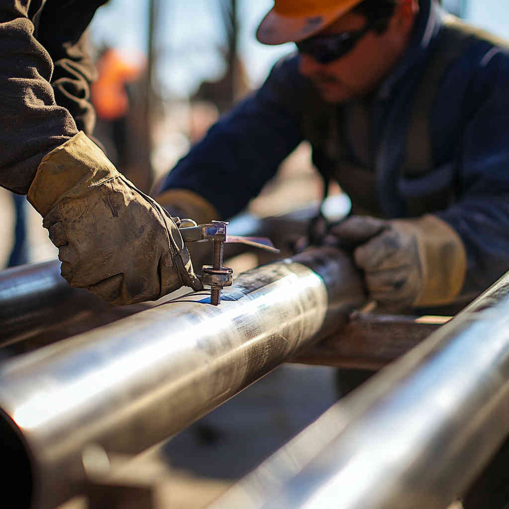 Welded stainless steel pipes being installed