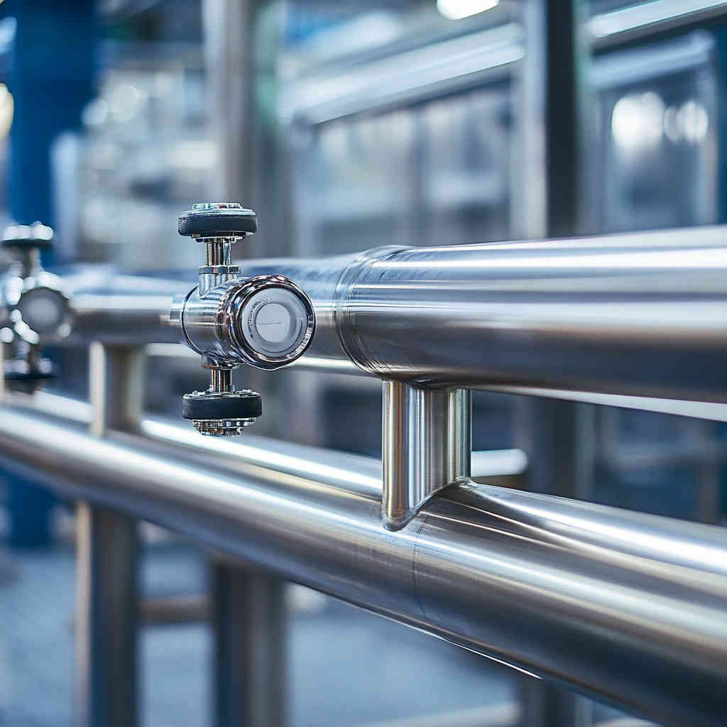 Stainless steel pipes in a food and beverage processing plant