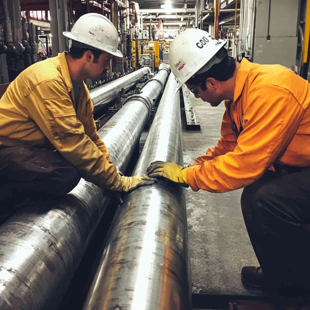 Our expert team inspecting stainless steel pipes for oil exploration